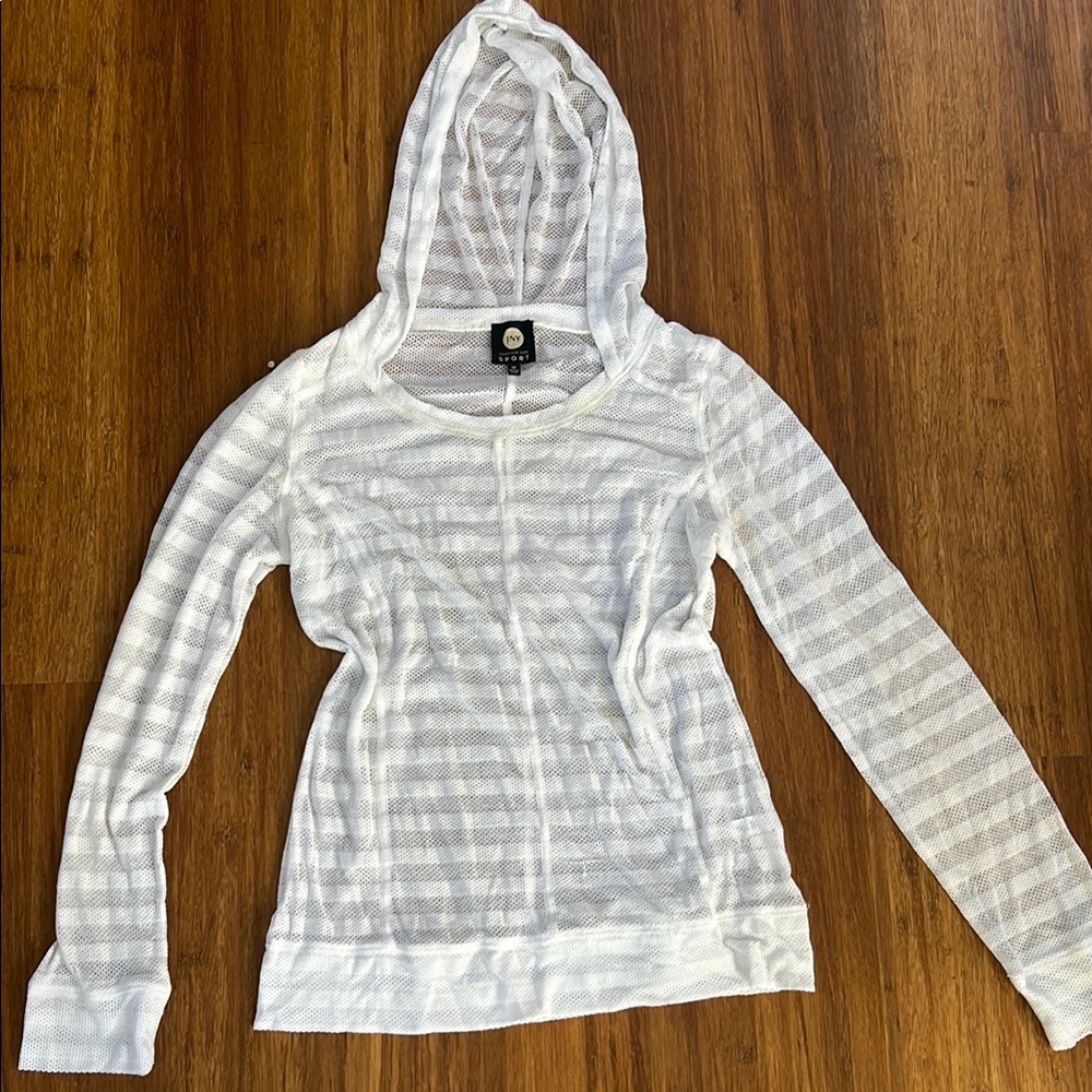 White and Gray striped sheer Fitted Hooded Sweatshirt